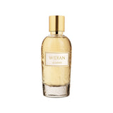 A clear glass perfume bottle with a gold cap and label, featuring the brand Fragrapedia Haus and the scent Almond Eau de Parfum - Widian, set against a white background.