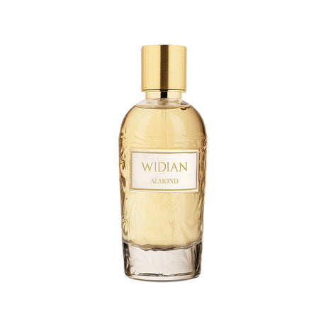 A clear glass perfume bottle with a gold cap and label, featuring the brand Fragrapedia Haus and the scent Almond Eau de Parfum - Widian, set against a white background.