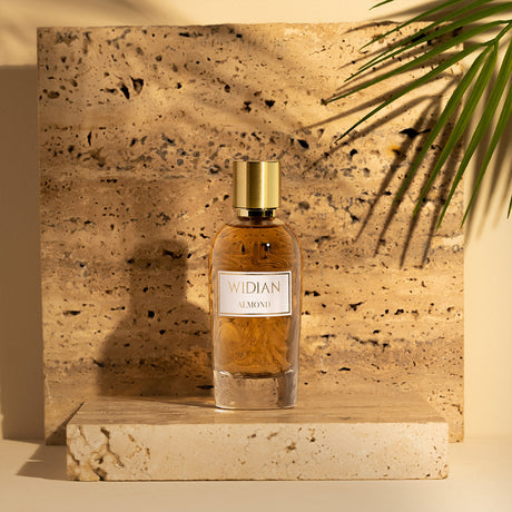 Fragrapedia Haus Almond Eau de Parfum by Widian, in a glass bottle with a gold cap, sits on a light stone platform against a textured stone backdrop and palm leaf shadow, reflecting the creamy richness of this elegant almond scent.