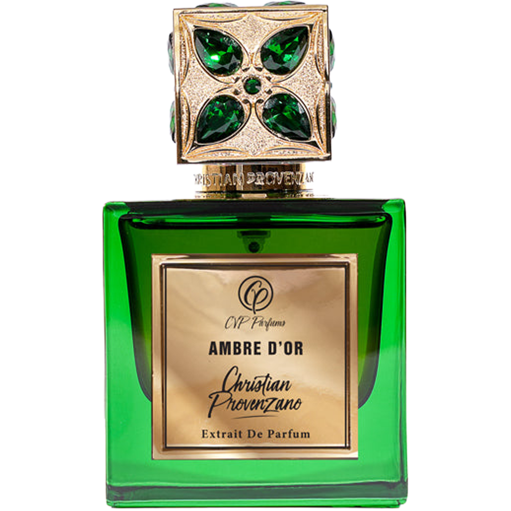 Green perfume bottle with gold cap featuring gemstones on a white background