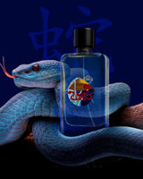 Blue snake and perfume bottle with colorful logo on a dark blue background