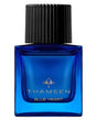 A square blue glass bottle of Fragrapedia Haus Blue Heart Extrait de Parfum by Thameen London, featuring a black ribbed cap and gold text on the front, reflects the allure of this ambery "blue diamond" fragrance.