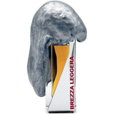 Perfume bottle with silver cap and white body featuring 'Brezza Leggera' text on a silver background