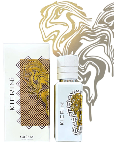 A white perfume bottle and box with gold abstract lion and geometric patterns. Cafe Kiss Eau de Parfum by Fragrapedia Haus is a cozy gourmand scent, shown with a gold and brown abstract background design.