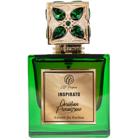 Green perfume bottle with gold cap featuring gemstones on a white background