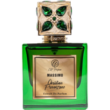 Green perfume bottle with gold cap featuring gemstones on a white background