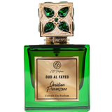 Green perfume bottle with gold cap featuring 'Oud Al Fayed' by Christian Provenzano on a white background.