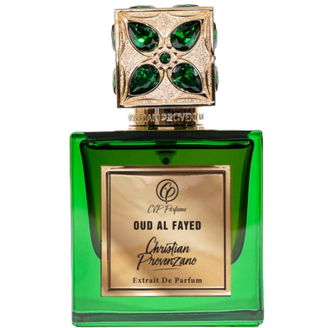 Green perfume bottle with gold cap featuring 'Oud Al Fayed' by Christian Provenzano on a white background.