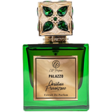 Green perfume bottle with gold accents and 'Christian Provenzano' branding on a white background