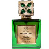 Green and gold perfume bottle with 'Patchouli Noir' label on a white background
