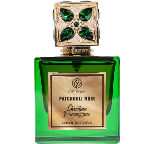 Green and gold perfume bottle with 'Patchouli Noir' label on a white background