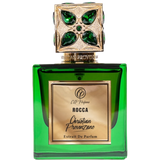 Green perfume bottle with gold cap featuring 'Christian Provenzano' branding on a white background