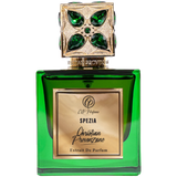 Green and gold perfume bottle with 'Christian Provenzano' branding on a white background