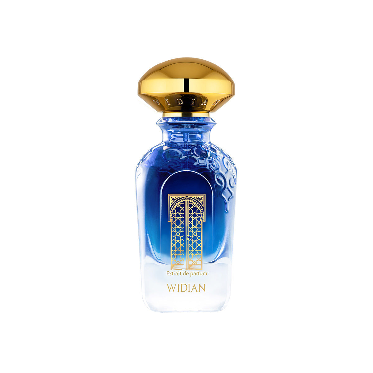 The Granada Extrait de Parfum by Fragrapedia Haus features a blue and clear glass bottle with gold accents and an ornate gold cap, labeled WIDIAN, embodying the allure of Chilli Woods against a white backdrop.