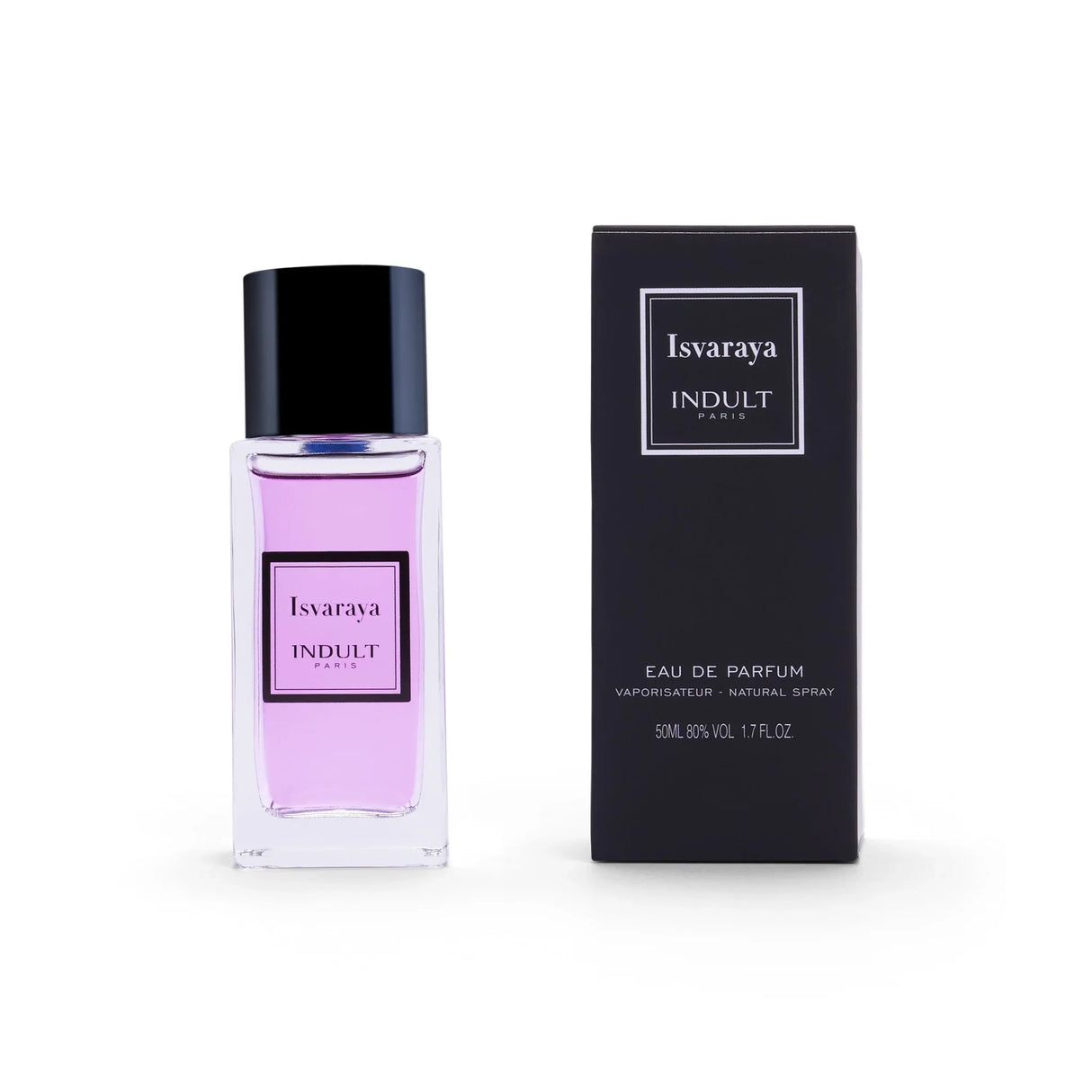 A bottle of Isvaraya Eau de Parfum - Indult by Fragrapedia Haus, filled with light purple liquid, stands beside its black box, both displaying the brand and product name in white text and evoking Indian plum and jasmine Sambac notes.