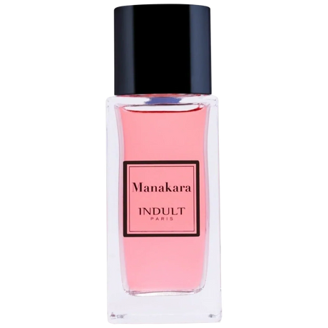 Perfume bottle with pink liquid and black cap Manakara Indult Paris