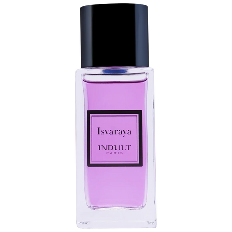 Perfume bottle with purple liquid and black cap Isvaraya Indult