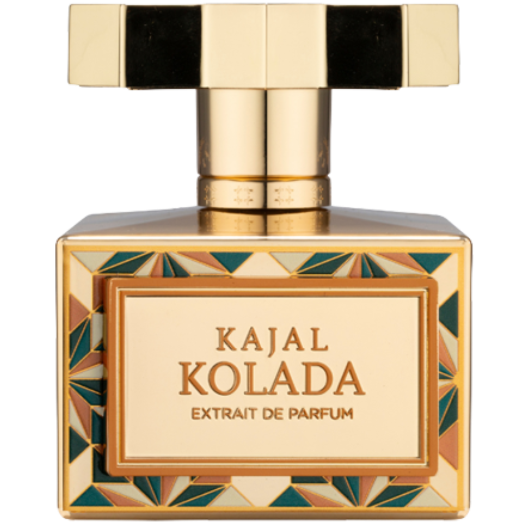 Perfume bottle labeled 'Kajal Kolada Extrait de Parfum' with gold and black design