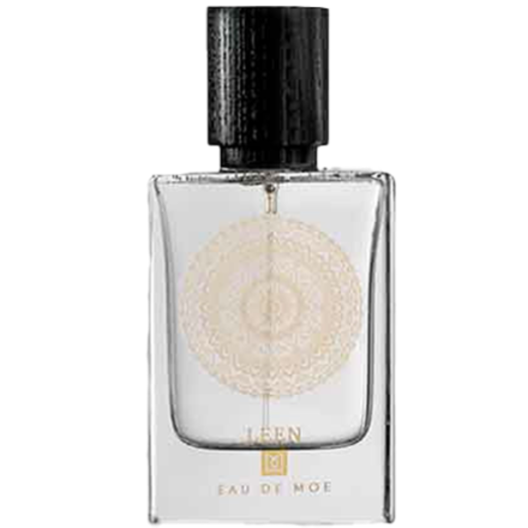 Perfume bottle with black cap and decorative label  Leen by Eau de Moe