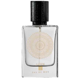 Perfume bottle with black cap and decorative label  Leen by Eau de Moe