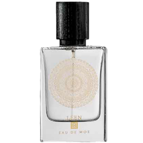 Perfume bottle with black cap and decorative label  Leen by Eau de Moe