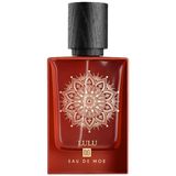 Red perfume bottle with black cap featuring a decorative design Lulu by Eau de Moe