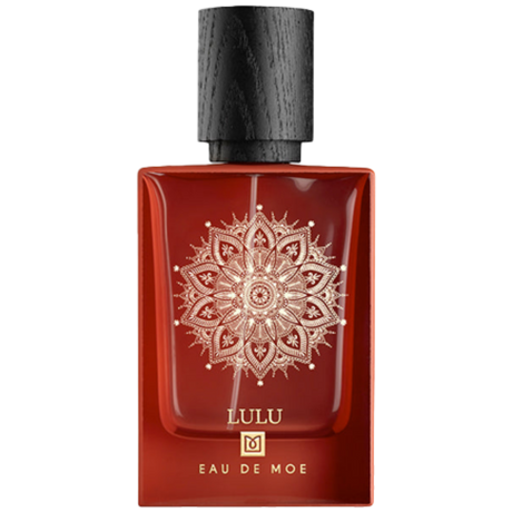 Red perfume bottle with black cap featuring a decorative design Lulu by Eau de Moe