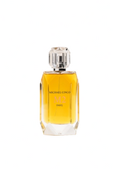 A faceted glass bottle filled with golden liquid holds M2 Eau de Parfum by Fragrapedia Haus, exuding a refined scent. The label displays Michael Cinco, and the bottle features a large, transparent decorative cap.