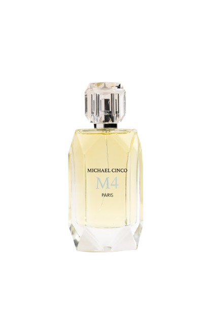 A clear, faceted bottle labeled "M4 Eau de Parfum - Michael Cinco" by Fragrapedia Haus holds pale yellow liquid, suggesting a woody floral scent with spicy ginger. It’s topped with a matching cap and set against a white background.