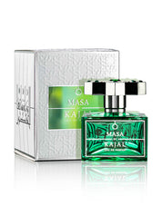 White and Green braided patterned carton box, and glass bottle with Silver star shaped lid of Masa 100ml by Kajal Perfumes.