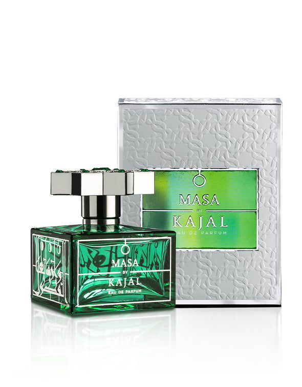 White and Green braided patterned carton box, and glass bottle with Silver star shaped lid of Masa 100ml by Kajal Perfumes.