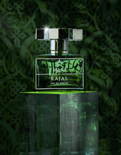 Masa EDP 100ml by Kajal Perfumes. Clear Green tint glass cube bottle on top of bigger Clear cube with Green mosaic style patterns