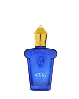 A blue bottle of Mefisto Eau de Parfum - Xerjoff, an elegant Italian fragrance, has a gold cap, embossed logo, and a bearded face sketch on the front.
