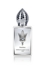 Panthea Eau de Parfum by Fragrapedia Haus features a reflective silver cap with a honeycomb pattern and sleek silver label, capturing the refined elegance of iris and soft white musk.