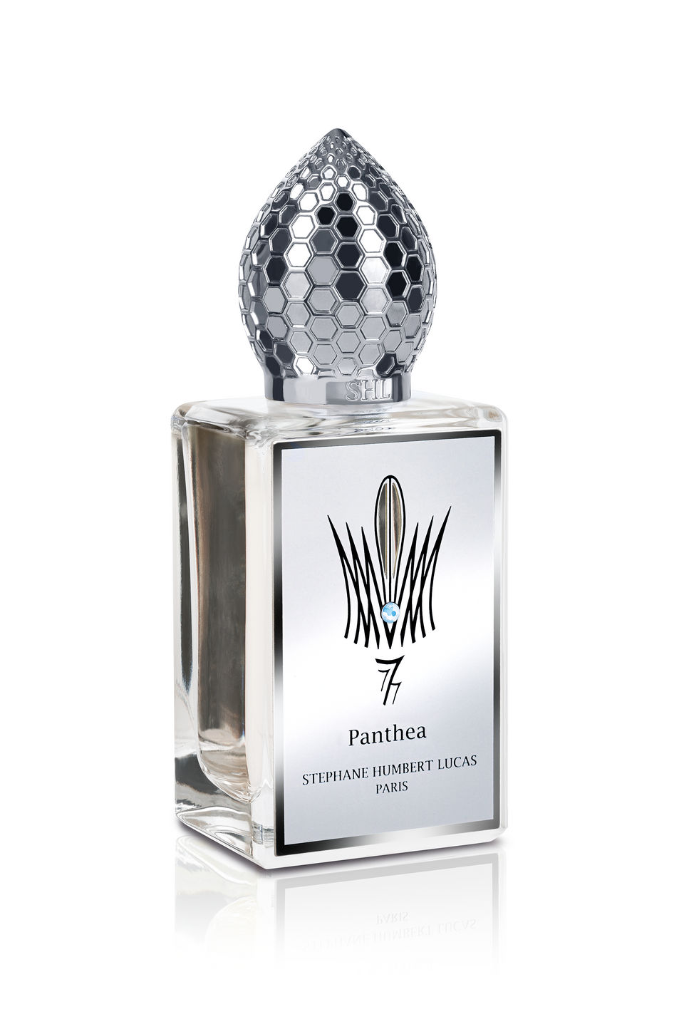 A sleek glass bottle with a silver honeycomb-patterned cap and a reflective label reading Panthea Eau de Parfum - Stephane Humbert Lucas by Fragrapedia Haus evokes elegance, hinting at notes of sandalwood and white musk.