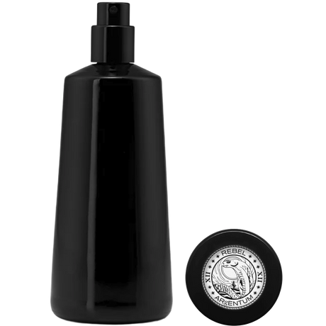 Black spray bottle with a circular logo on a white background