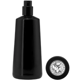 Black spray bottle with a circular logo on a white background