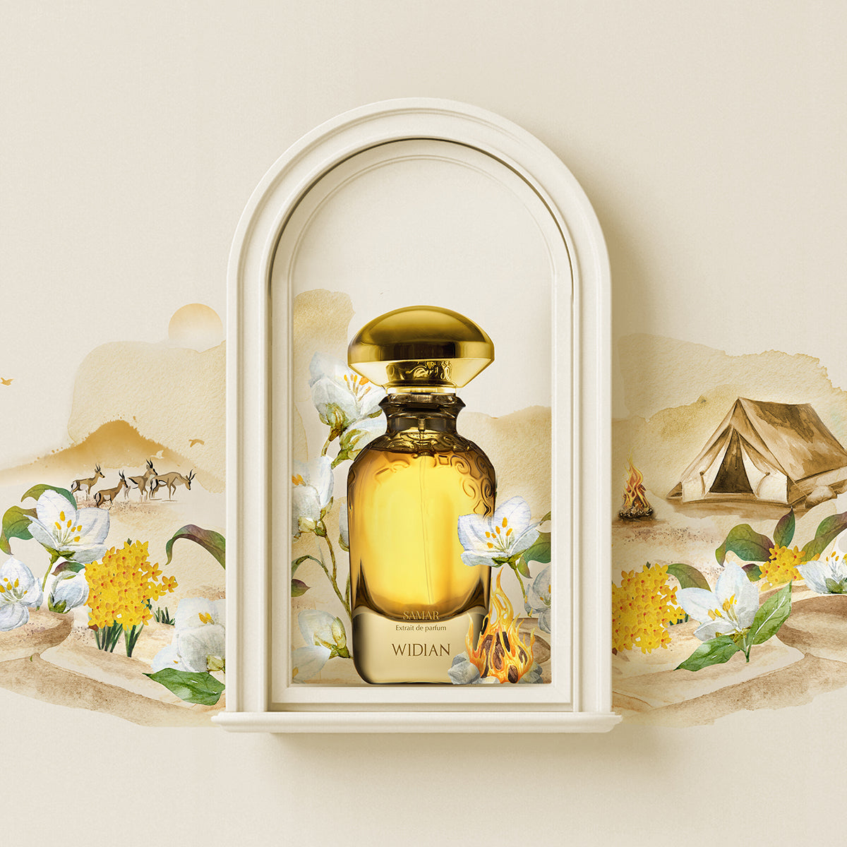 A gold bottle of Samar Extrait de Parfum - Widian by Fragrapedia Haus sits in a white arched niche, amid illustrated white and yellow flowers, desert scenery, camels, and a tent—reflecting the opulent oud aroma inside.