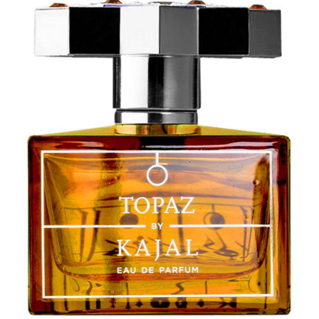 Perfume bottle labeled 'Topaz by Kajal' with a metallic cap 