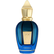 Blue perfume bottle with gold cap on a white background