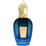 Blue perfume bottle with gold cap on a white background
