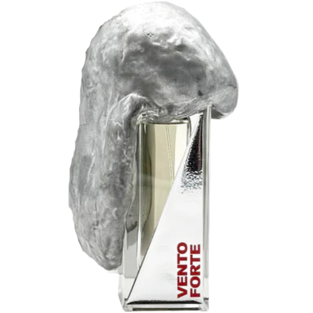 Silver perfume bottle with 'Vento Forte' branding on a silver background