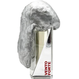 Silver perfume bottle with 'Vento Forte' branding on a silver background