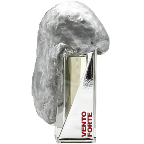 Silver perfume bottle with 'Vento Forte' branding on a silver background