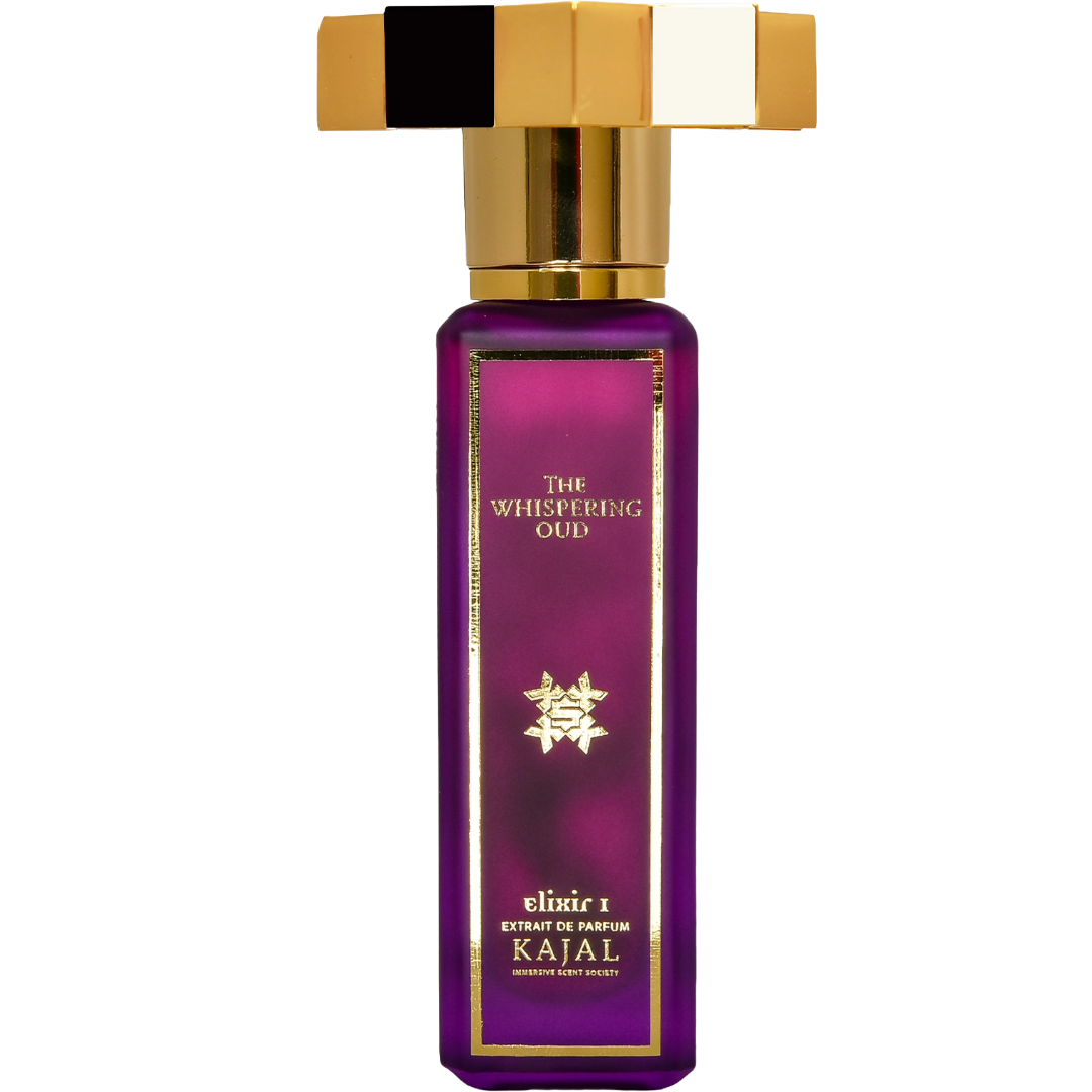 Purple perfume bottle with gold cap on a white background