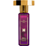 Purple perfume bottle with gold cap on a white background