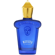 Blue perfume bottle with gold cap labeled 'Casamorati Mefisto' face with puffy hair and beard.