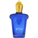 Blue perfume bottle with gold cap labeled 'Casamorati Mefisto' face with puffy hair and beard.