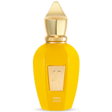 Yellow perfume bottle with gold cap and an X, Erba Gold by Xerjoff