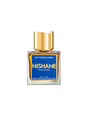 A square glass bottle of Fan Your Flames Extrait de Parfum by Fragrapedia Haus, with a gold cap and blue label featuring gold and white text, suggests coconut and tobacco notes, displayed on a white background.